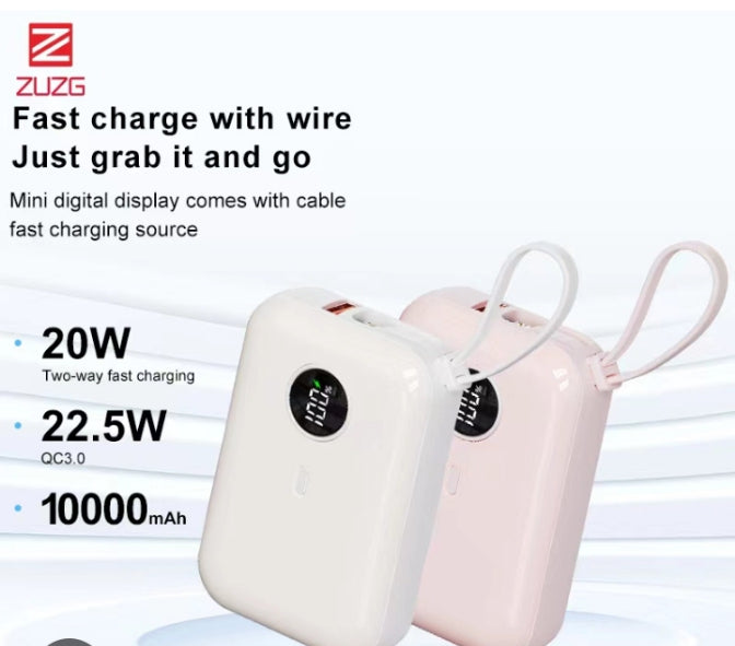ZUZG 10000mAh Mini Digital Power Bank with Fast Charging Bable